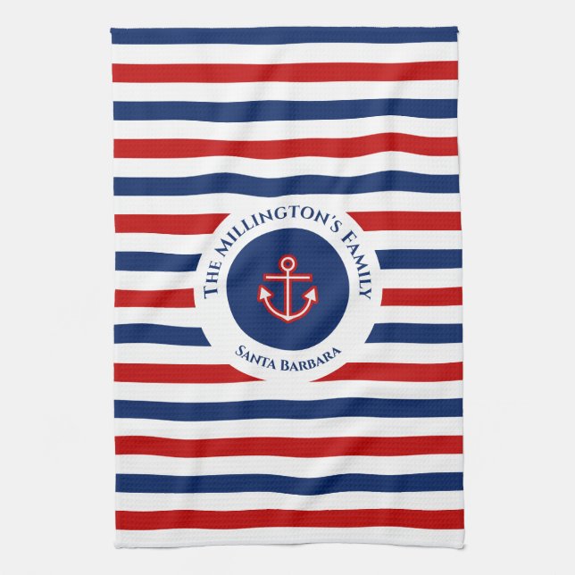 Nautical Marine Navy Blue Red White Stripes Kitchen Towel (Vertical)