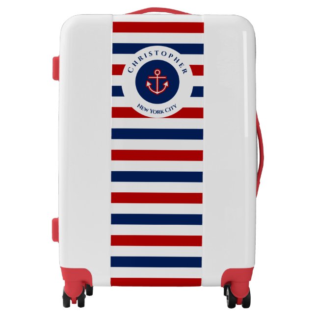 Nautical Marine Navy Blue Red White Stripes Luggage (Front)