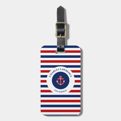 Nautical Marine Navy Blue Red White Stripes Luggage Tag