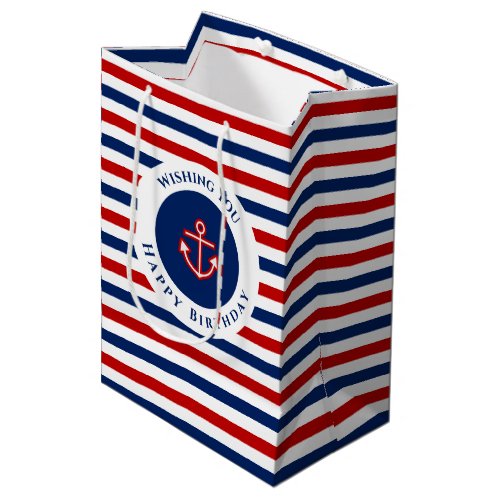 Nautical Marine Navy Blue Red White Stripes Medium Gift Bag