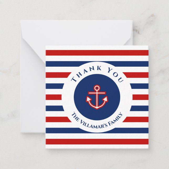 Nautical Marine Navy Blue Red White Stripes Note Card (Front)