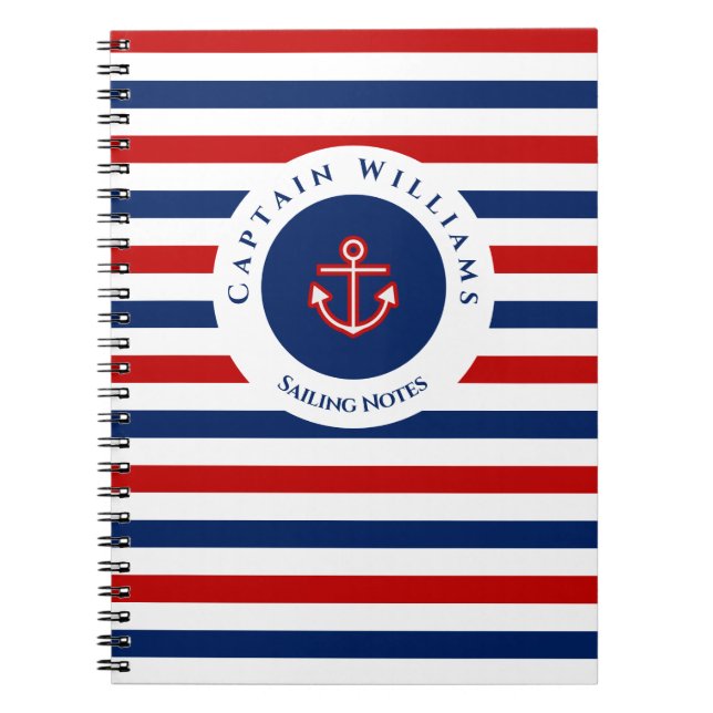Nautical Marine Navy Blue Red White Stripes Notebook (Front)