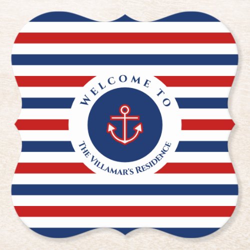 Nautical Marine Navy Blue Red White Stripes Paper Coaster