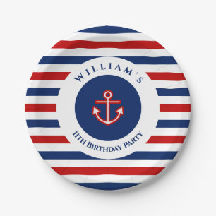 Nautical Marine Navy Blue Red White Stripes Paper Plates