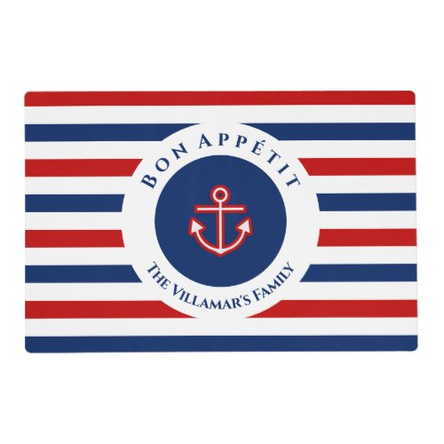 Nautical Marine Navy Blue Red White Stripes Placemat