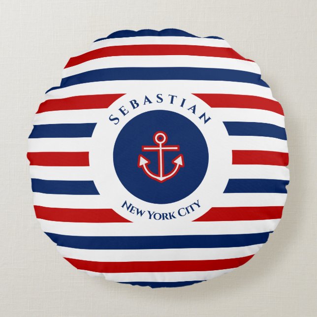 Nautical Marine Navy Blue Red White Stripes Round Pillow (Front)