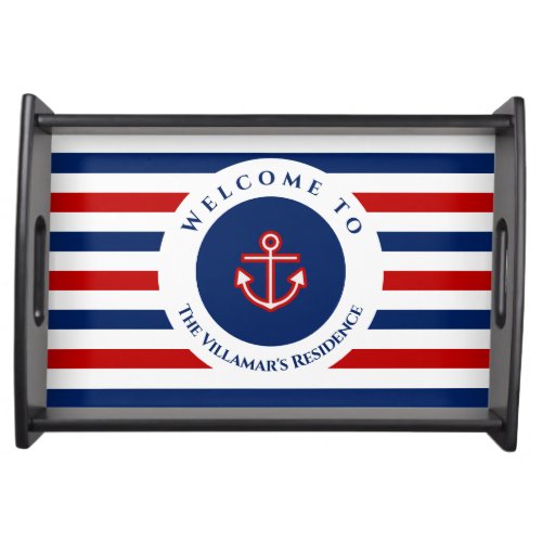 Nautical Marine Navy Blue Red White Stripes Serving Tray