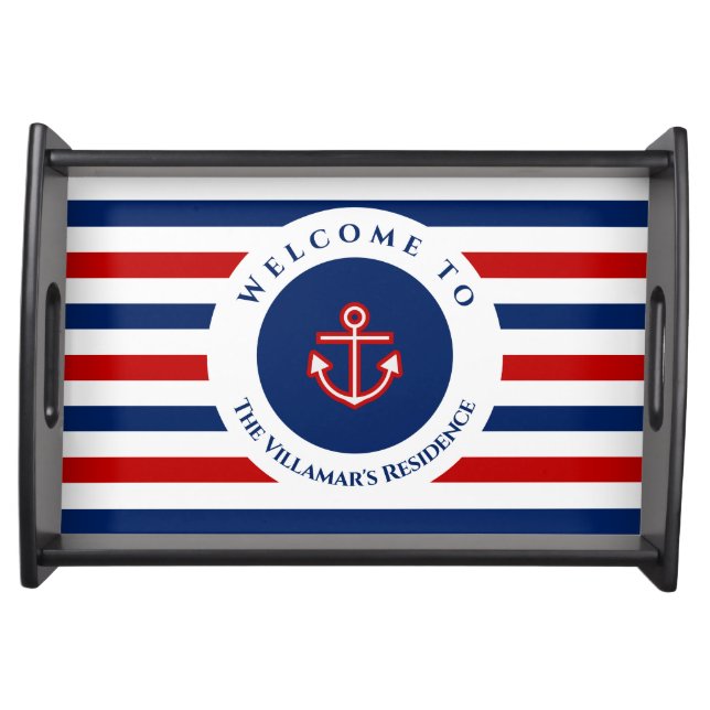 Nautical Marine Navy Blue Red White Stripes Serving Tray (Front)