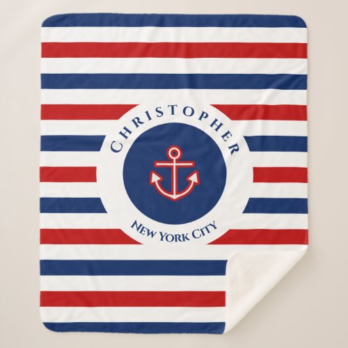 Nautical Marine Navy Blue Red White Stripes Sherpa Blanket