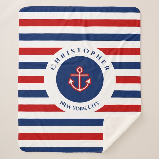 Nautical Marine Navy Blue Red White Stripes Sherpa Blanket (Front)