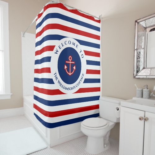 Nautical Marine Navy Blue Red White Stripes Shower Curtain