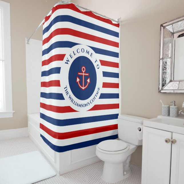 Nautical Marine Navy Blue Red White Stripes Shower Curtain (In Situ)