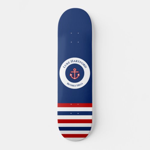 Nautical Marine Navy Blue Red White Stripes Skateboard