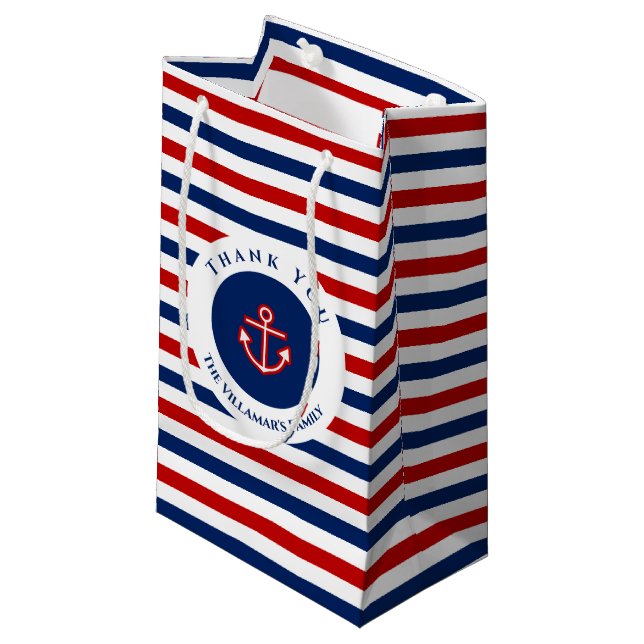 Nautical Marine Navy Blue Red White Stripes Small Gift Bag (Front Angled)