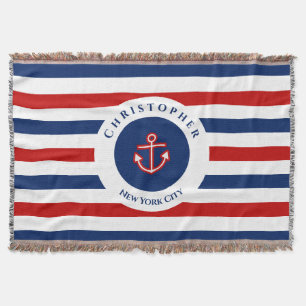 Nautical Marine Navy Blue Red White Stripes Throw Blanket
