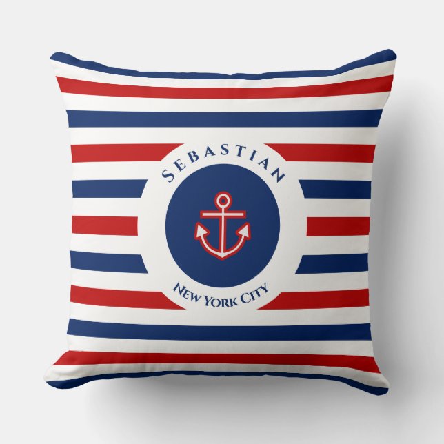 Nautical Marine Navy Blue Red White Stripes Throw Pillow (Front)