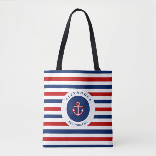 Nautical Marine Navy Blue Red White Stripes Tote Bag