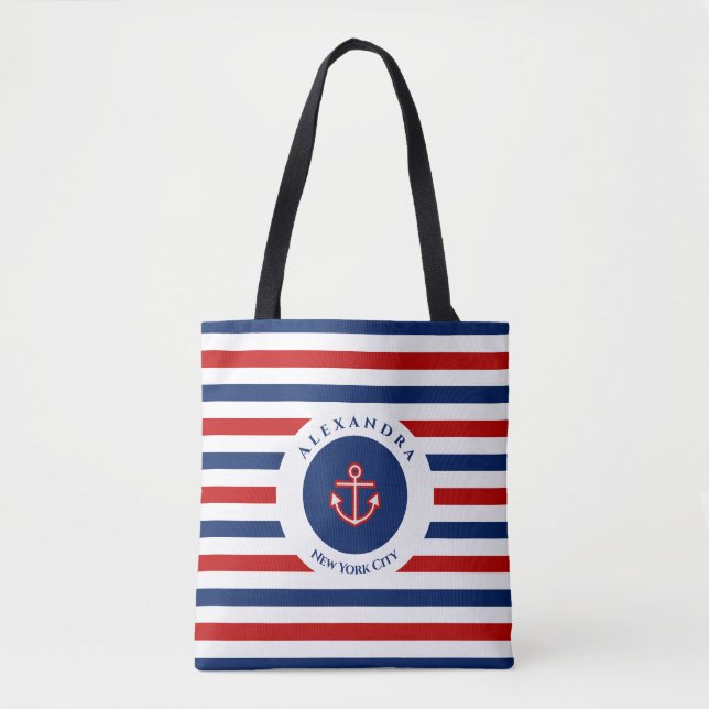 Nautical Marine Navy Blue Red White Stripes Tote Bag (Front)