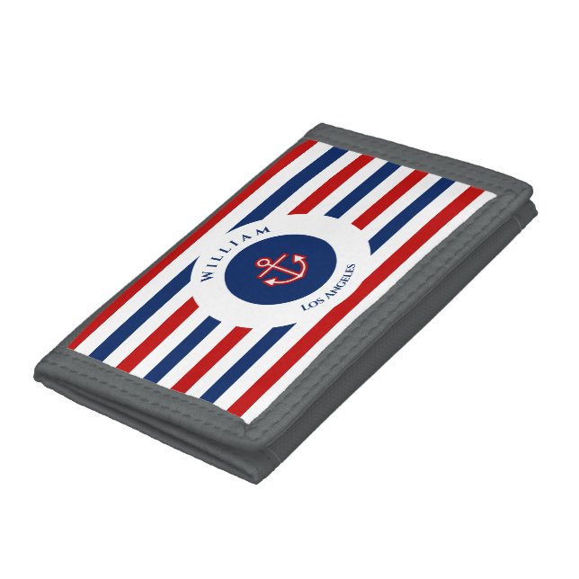 Nautical Marine Navy Blue Red White Stripes Trifold Wallet (Bottom)