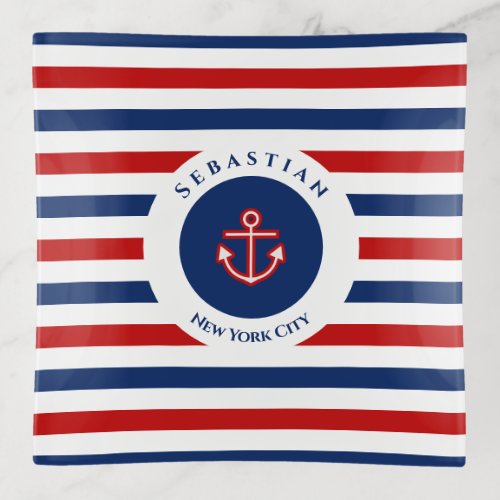 Nautical Marine Navy Blue Red White Stripes Trinket Tray