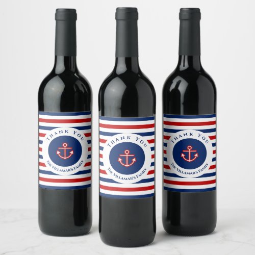 Nautical Marine Navy Blue Red White Stripes Wine Label