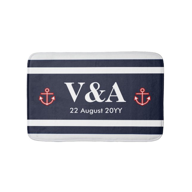 Nautical Marine Navy Blue White Stripes Bath Mat (Front)