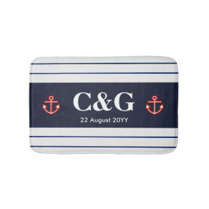 Nautical Marine Navy Blue White Stripes Bathroom Mat