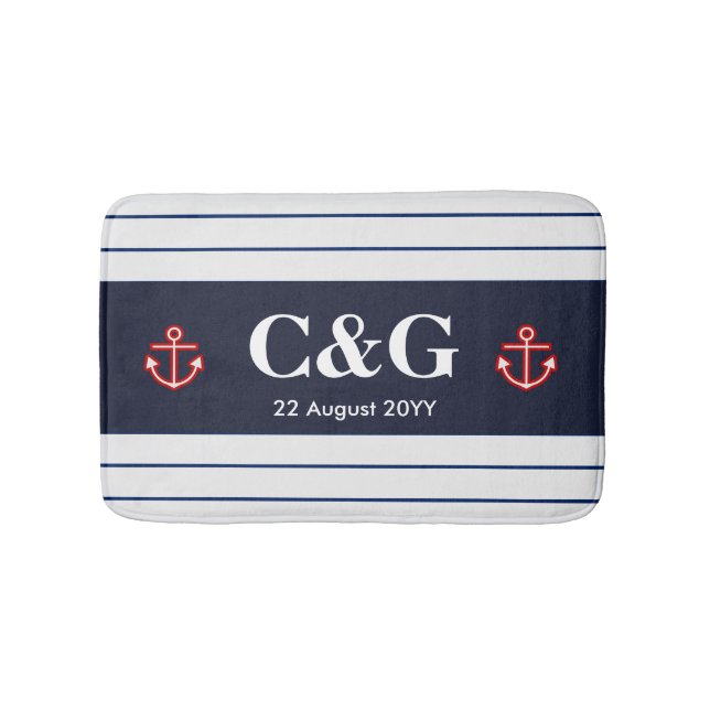 Nautical Marine Navy Blue White Stripes Bathroom Mat (Front)