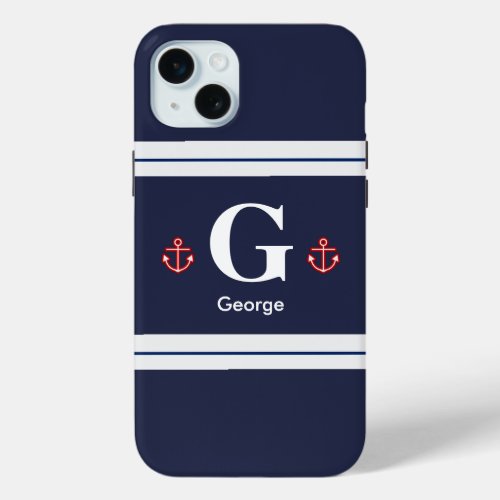 Nautical Marine Navy Blue White Stripes iPhone 15 Plus Case