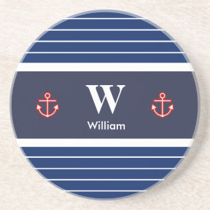 Nautical Marine Navy Blue White Stripes Coaster