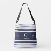 Nautical Marine Navy Blue White Stripes Crossbody Bag (Back)