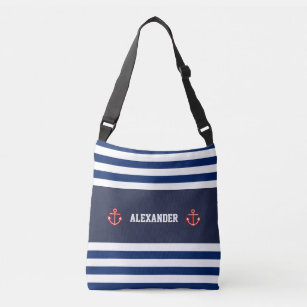 Nautical Marine Navy Blue White Stripes Crossbody Bag