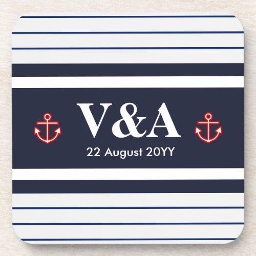 Nautical Marine Navy Blue White Stripes Drink Coaster