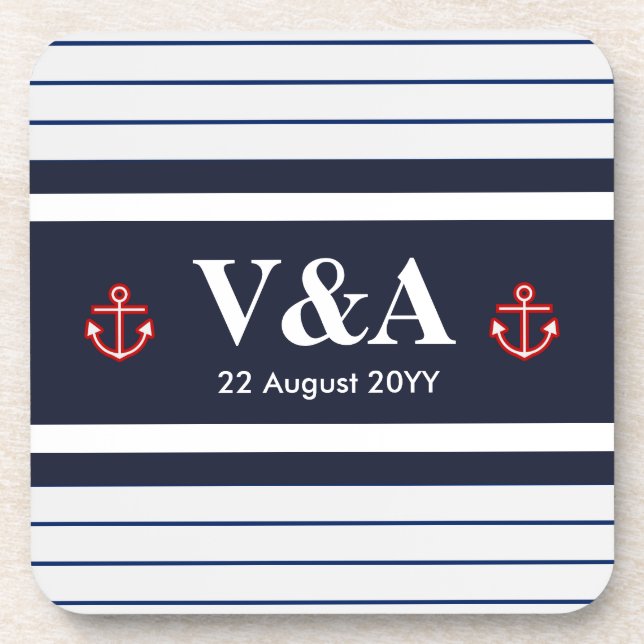 Nautical Marine Navy Blue White Stripes Drink Coaster (Front)