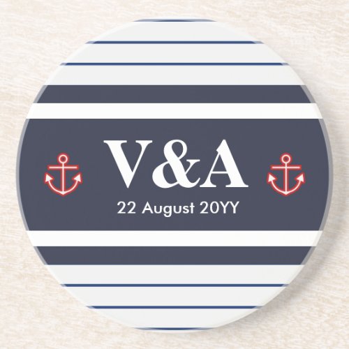 Nautical Marine Navy Blue White Stripes Drink Coaster