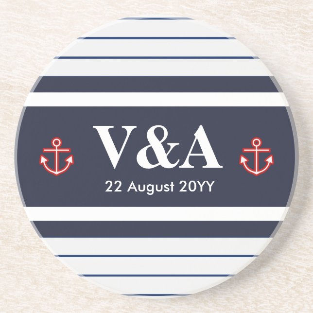Nautical Marine Navy Blue White Stripes Drink Coaster (Front)