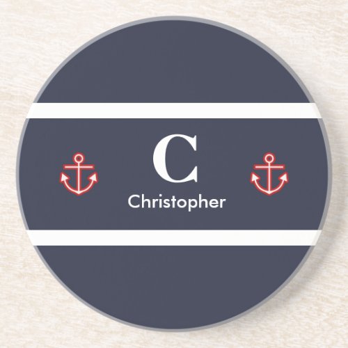 Nautical Marine Navy Blue White Stripes Drink Coaster