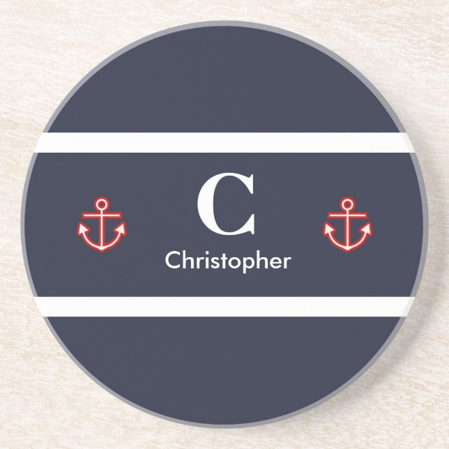 Nautical Marine Navy Blue White Stripes Drink Coaster (Front)