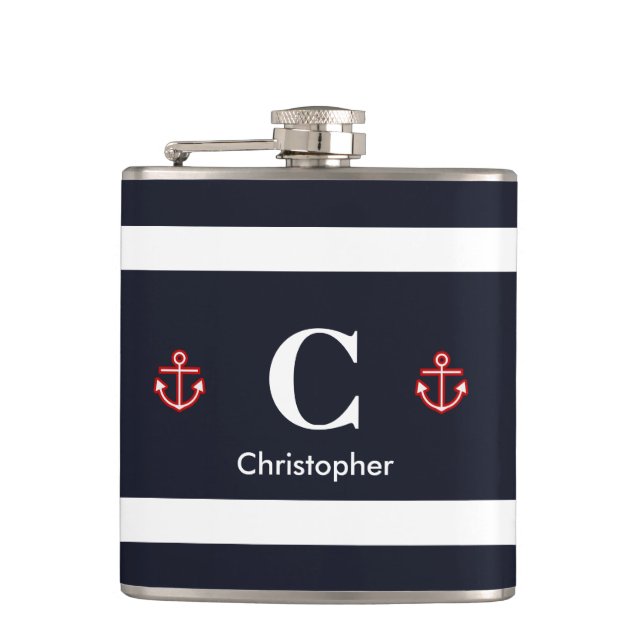 Nautical Marine Navy Blue White Stripes Flask (Front)