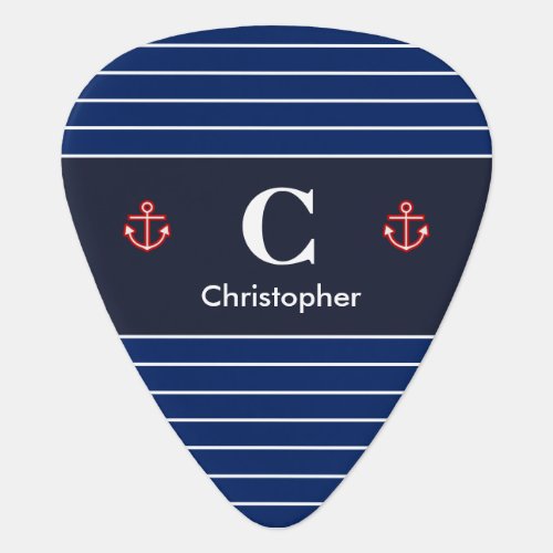 Nautical Marine Navy Blue White Stripes Guitar Pick