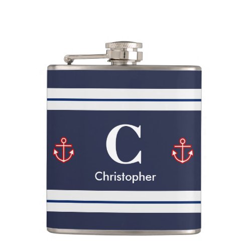 Nautical Marine Navy Blue White Stripes Hip Flask