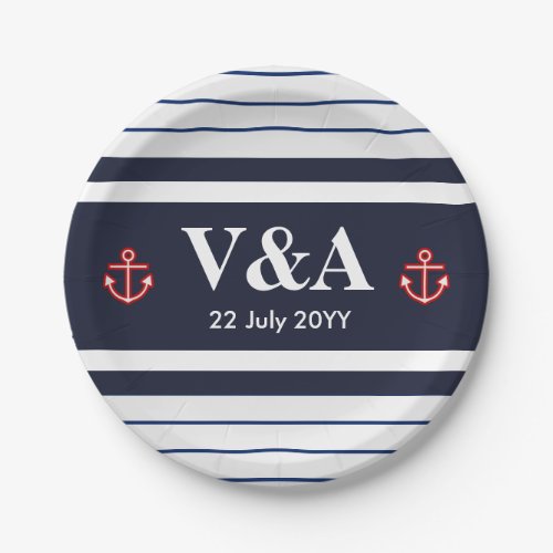 Nautical Marine Navy Blue White Stripes Paper Plates