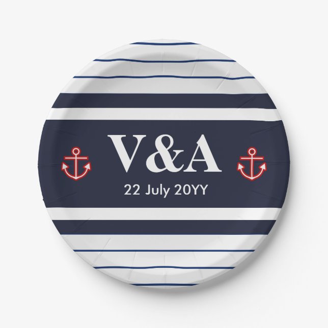 Nautical Marine Navy Blue White Stripes Paper Plates (Front)
