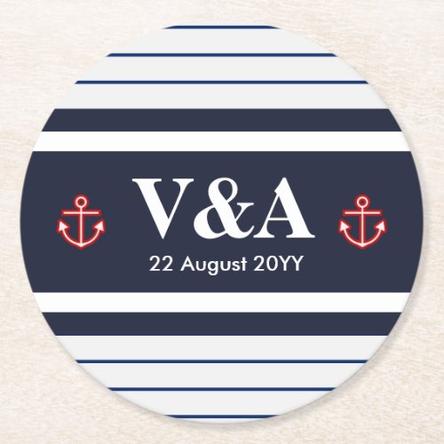 Nautical Marine Navy Blue White Stripes Round Paper Coaster