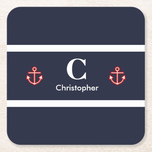 Nautical Marine Navy Blue White Stripes Square Paper Coaster