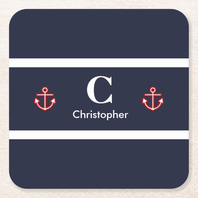 Nautical Marine Navy Blue White Stripes Square Paper Coaster (Front)
