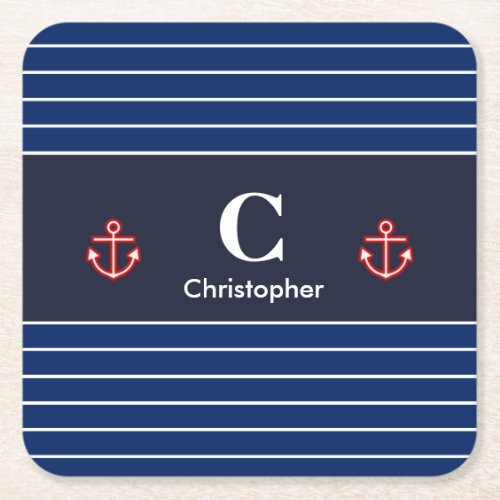 Nautical Marine Navy Blue White Stripes Square Paper Coaster