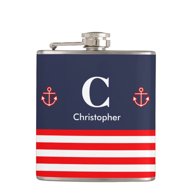 Nautical Marine Navy Royal Red White Stripes Flask (Front)
