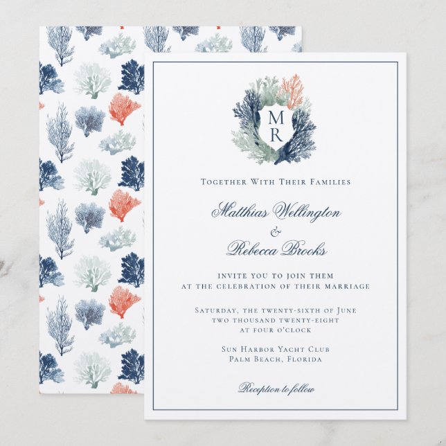 Nautical Marine Ocean Beach Monogram Wedding Invitation (Front/Back)