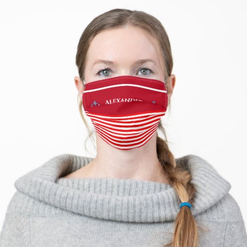 Nautical Marine Royal Red and White Stripes Adult Cloth Face Mask